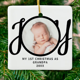 First Christmas As Grandpa Photo Joy Script Ceramic Ornament