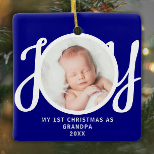 First Christmas As Grandpa Photo Keepsake Blue Ceramic Ornament