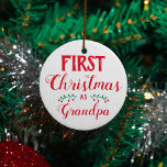 First Christmas as Grandpa photo Ornament<br><div class="desc">This Christmas tree ornament is perfect to celebrate the first Christmas as a Grandfather. 
The caption reads "First Christmas as Grandpa" in modern red lettering on a white background. The back is easily customizable with the baby's picture,  with name and date of birth.</div>