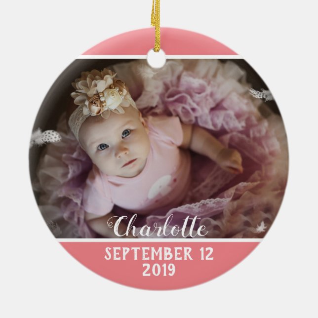 First Christmas as Grandpa pink with baby's photo Ceramic Ornament (Back)