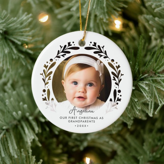 First Christmas As Grandparents Baby 2-Photo Ceramic Ornament (Tree)