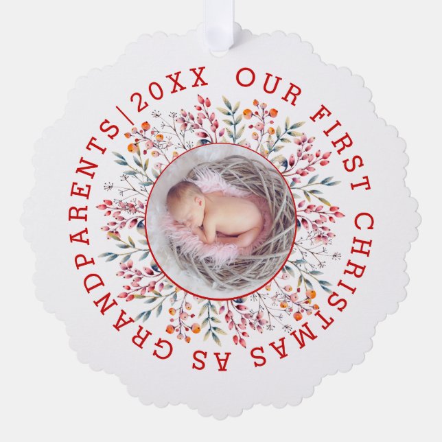 First Christmas as grandparents berry frame photo Ornament Card (Front)