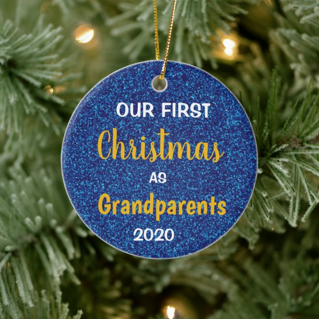 First Christmas as Grandparents Blue Glitter Photo Ceramic Ornament (Tree)