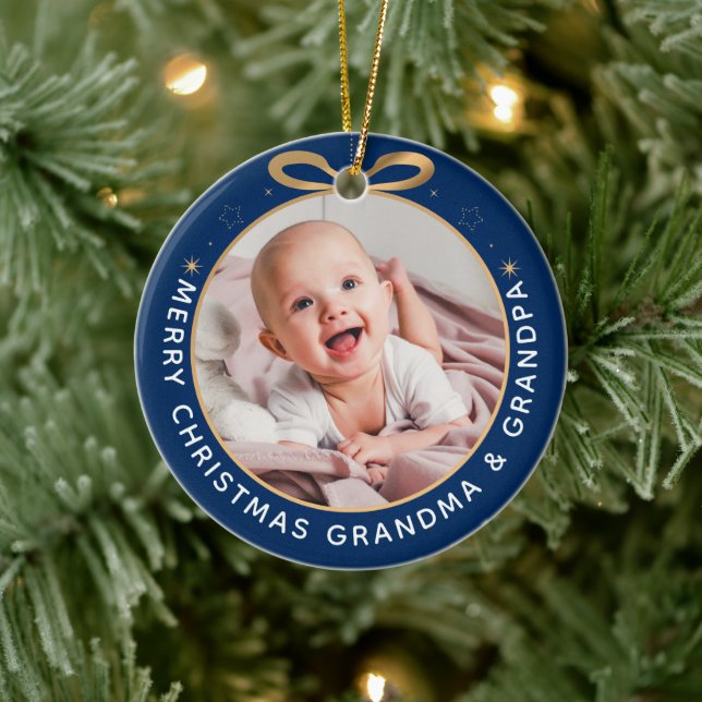 First Christmas as Grandparents Blue Gold Photo Ceramic Ornament (Tree)