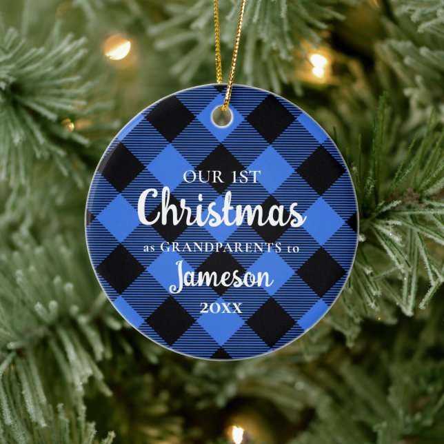 First Christmas as Grandparents Blue Plaid Photo Ceramic Ornament (Tree)
