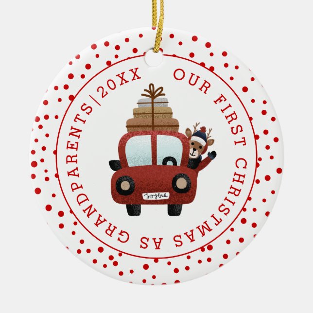 First Christmas as grandparents car and red photo Ceramic Ornament (Front)