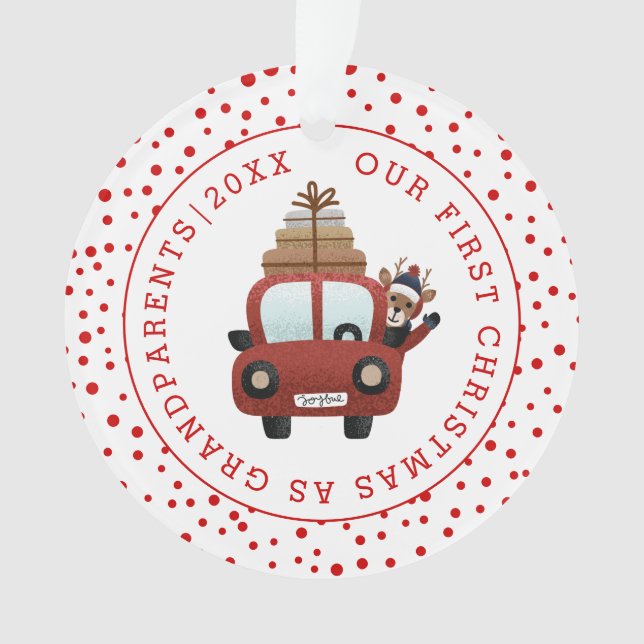 First Christmas as grandparents car and red photo Ornament (Front)