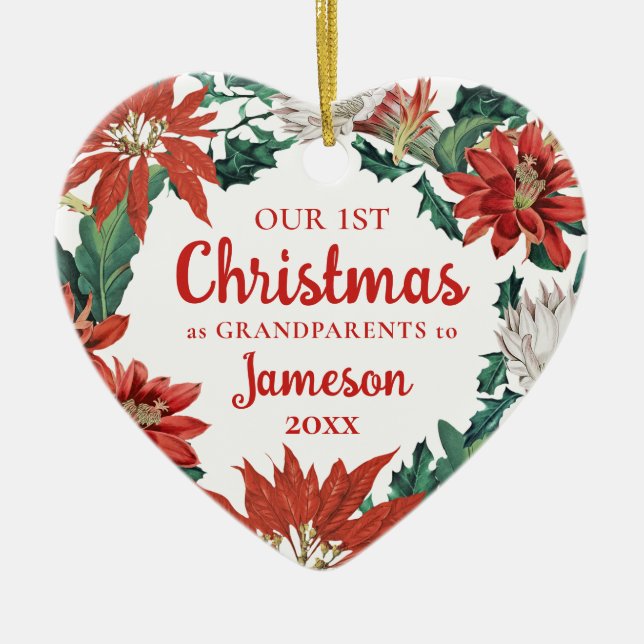 First Christmas as Grandparents Floral Wreath Ceramic Ornament (Front)