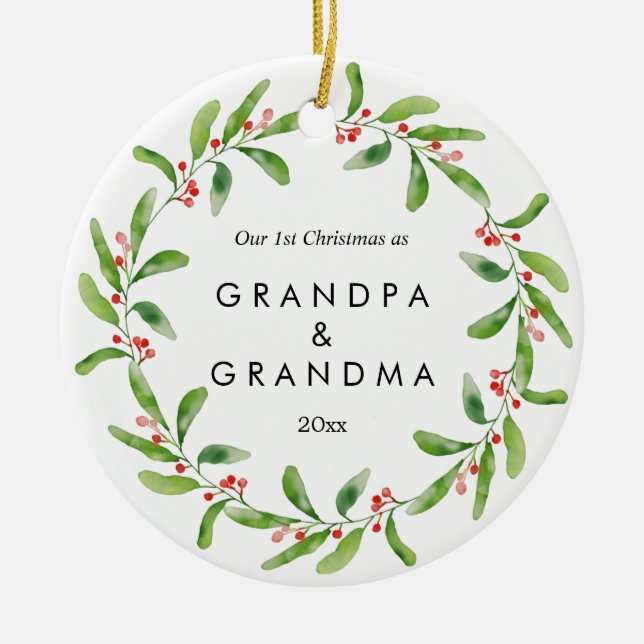 First Christmas As Grandparents Holly | Baby Photo Ceramic Ornament (Front)