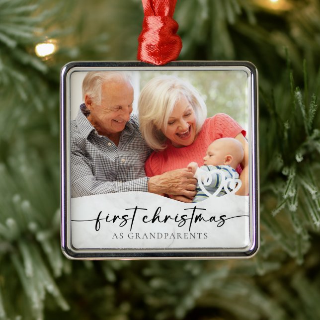 First Christmas as Grandparents Marble Photo  Metal Ornament (Tree)