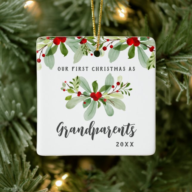 First Christmas As Grandparents Mistletoe Photo Ceramic Ornament (Tree)