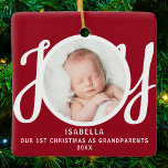 First Christmas As Grandparents Photo Red Keepsake Ceramic Ornament<br><div class="desc">This keepsake First Christmas As Grandparents photo ornament is decorated with the word JOY in stylish script typography on a red background. Easily customizable.</div>