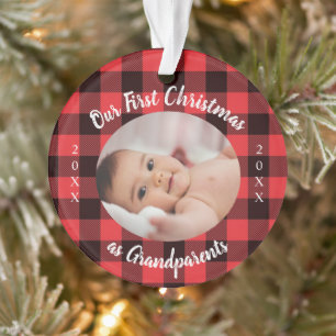 First Christmas as Grandparents Photo Red Plaid  Ornament