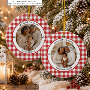 First Christmas as Grandparents Photos Red Gingham Ceramic Ornament