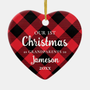 First Christmas as Grandparents Plaid Heart Photo Ceramic Ornament
