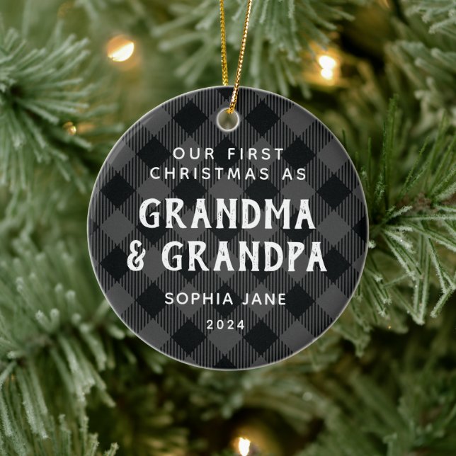 First Christmas As Grandparents Plaid Rustic Photo Ceramic Ornament (Tree)