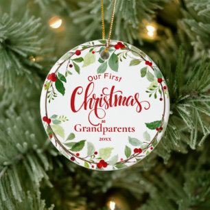 First Christmas as Grandparents Red Holly  Ceramic Ornament