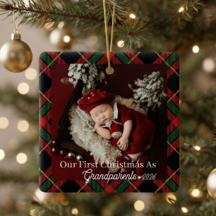 First Christmas as Grandparents Red Plaid Photo Ceramic Ornament