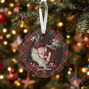 First Christmas as Grandparents Red Plaid Photo Ornament