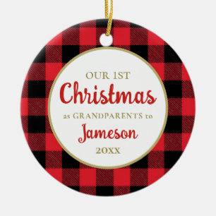 First Christmas as Grandparents Red Plaid Round Ceramic Ornament