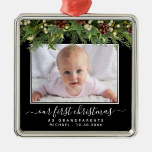 First Christmas as Grandparents Winter Greenery Metal Ornament