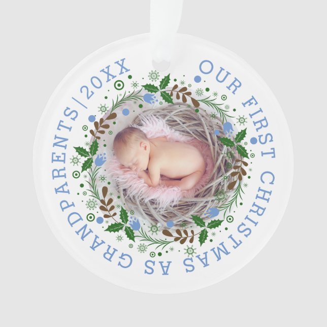 First Christmas as grandparents wreath blue  photo Ornament (Front)