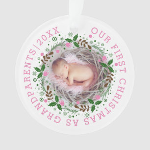 First Christmas as grandparents wreath pink photo Ornament
