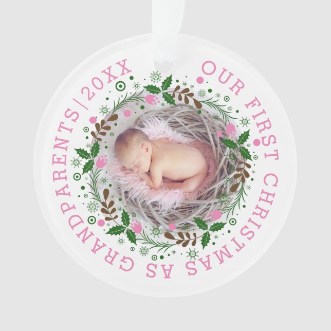 First Christmas as grandparents wreath pink photo Ornament (Front)