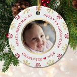 First Christmas As Great Grandmother Photo Ceramic Ornament<br><div class="desc">This great grandmother ceramic Christmas ornament features a festive snowflake and berry design with photo and faux gold. Personalize it with a photo and your text. This template works best with landscape format photos with the baby in the centre.</div>