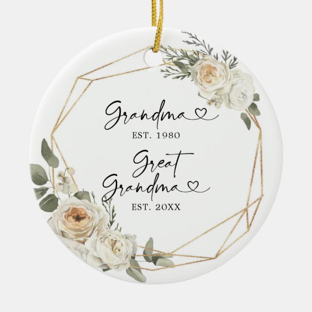 First Christmas as Great Grandmother White Floral Ceramic Ornament (Front)