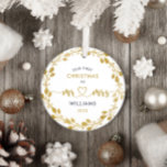 First Christmas as Husband Wife Gold Wreath Photo Metal Ornament<br><div class="desc">Embrace the joy of being husband and wife during your first Christmas together with this exquisite gold glitter foliage photo frame. This frame captures the essence of the season and the beginning of your lifelong journey as a married couple.</div>