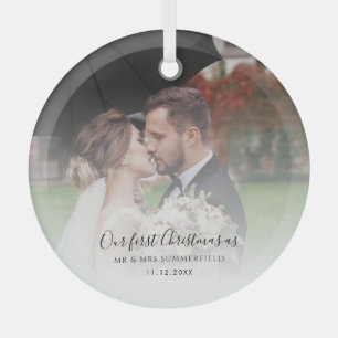 First Christmas as Married Wedding Photo Custom Glass Ornament