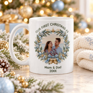 First Christmas as Mom and Dad Blue Gold Snowflake Coffee Mug