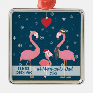 first Christmas as Mom and Dad flamingo snowflakes Metal Ornament