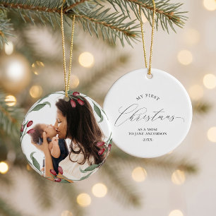 First Christmas as Mom Christmas Botanical Wreath Ceramic Ornament