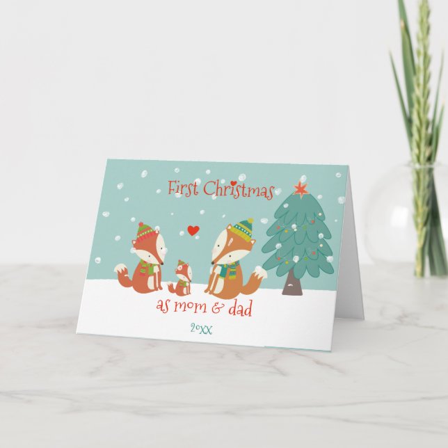 First Christmas as Mom & Dad - Cute Woodland Foxes Card (Front)