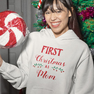 First Christmas as Mom family matching red text Hoodie