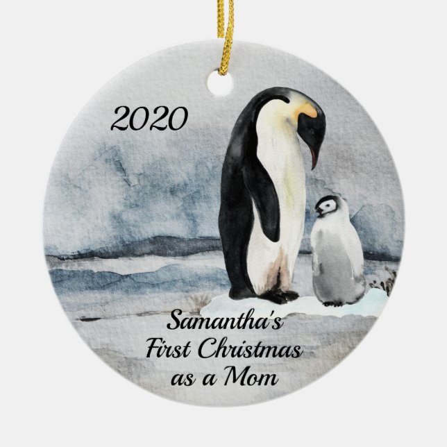 First Christmas as Mom Penguin and Baby Ceramic Ornament (Front)