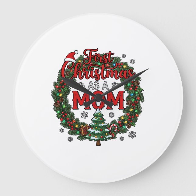 First Christmas As Mom Pine Wreath Tree Large Clock (Front)