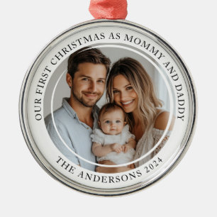 First Christmas As Mommy And Daddy Custom Photo Metal Ornament