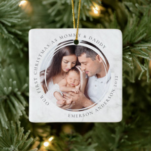 First Christmas as Mommy and Daddy Marble Photo Ceramic Ornament