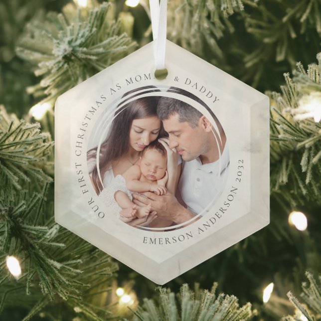 First Christmas as Mommy and Daddy Marble Photo Glass Ornament (Insitu)
