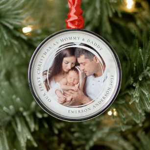First Christmas as Mommy and Daddy Marble Photo Metal Ornament