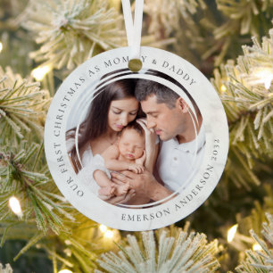 First Christmas as Mommy and Daddy Marble Photo  Metal Ornament