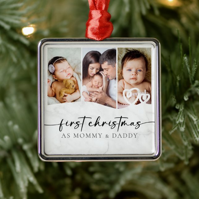 First Christmas as Mommy and Daddy Marble Photo  Metal Ornament (Tree)
