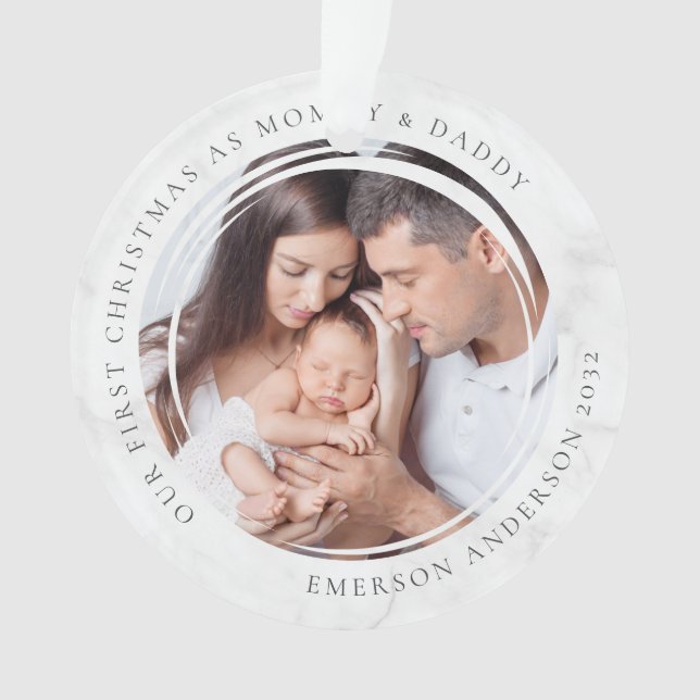 First Christmas as Mommy and Daddy Marble Photo  Ornament (Front)