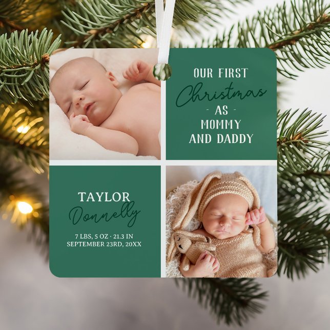 First Christmas as Mommy Daddy Green Photo Metal Ornament (Creator Uploaded)