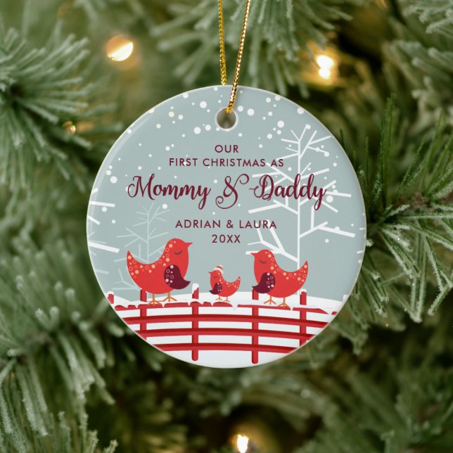 First Christmas As Mommy Daddy Personalized Birds Ceramic Ornament (Tree)