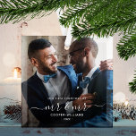 First Christmas as Mr and Mr LGBTQ Keepsake Glass Ornament<br><div class="desc">Commemorate the first Christmas of your marriage with this beautiful modern keepsake ornament. The white text reads "Our first Christmas as Mr & Mr, " with the words "Mr & Mr" in elegant handwriting script with flourishes before and after. Replace the sample image with your favorite photo, and add your...</div>