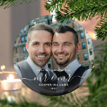 First Christmas as Mr and Mr LGBTQ Keepsake Glass Ornament<br><div class="desc">Commemorate the first Christmas of your marriage with this beautiful modern keepsake ornament. The white text reads "Our first Christmas as Mr & Mr, " with the words "Mr & Mr" in elegant handwriting script with flourishes before and after. Replace the sample image with your favorite photo, and add your...</div>